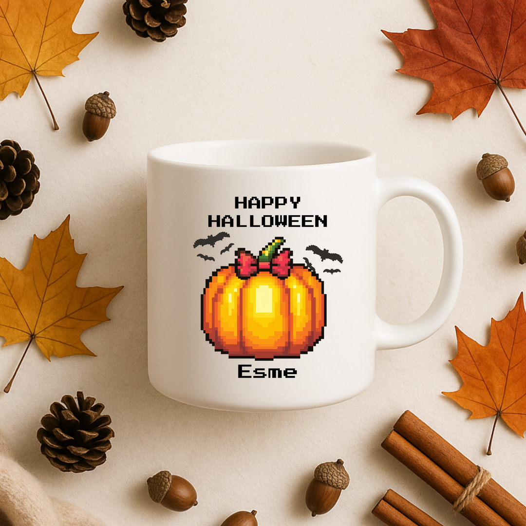 UV DTF - personalised pixel orange pumpkin Hello Halloween with pink bow
