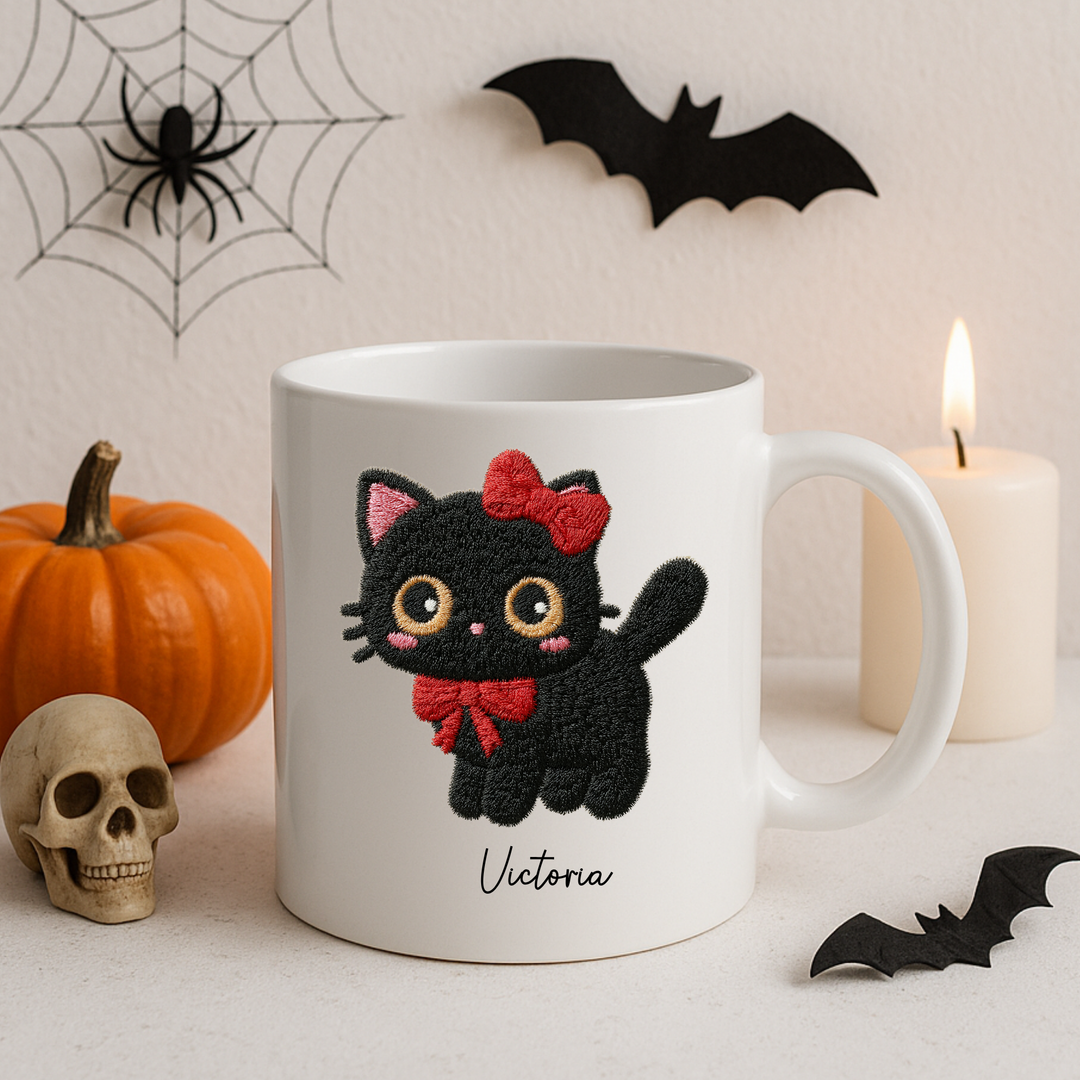 UV DTF - personalised black cat Halloween with red bow