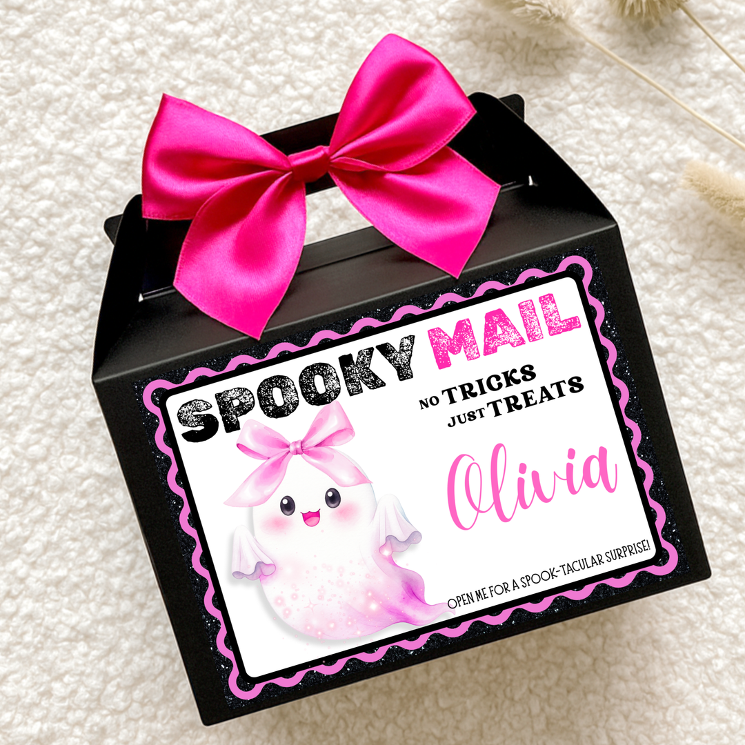 Label Sticker Party treat box - pink spooky mail ghost - halloween