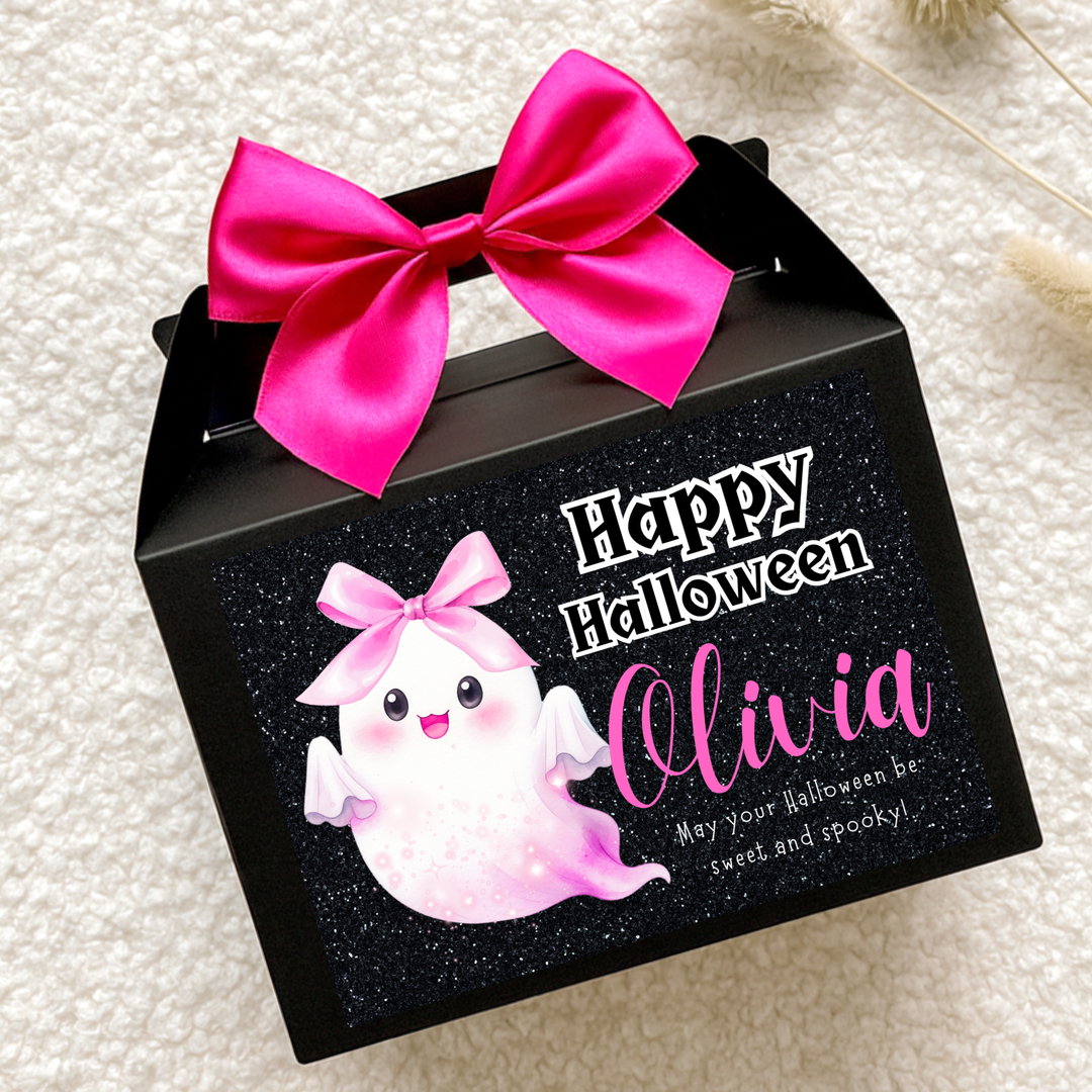 Label Sticker Party treat box - pink ghost - happy halloween
