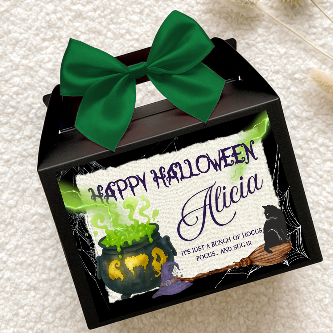 Label Sticker Party treat box - cauldron hocus - happy halloween