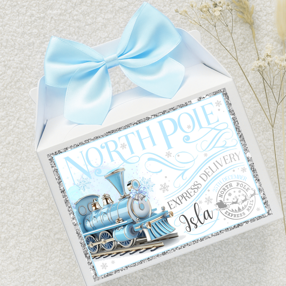 Label Sticker Party treat box - Blue winter polar express train