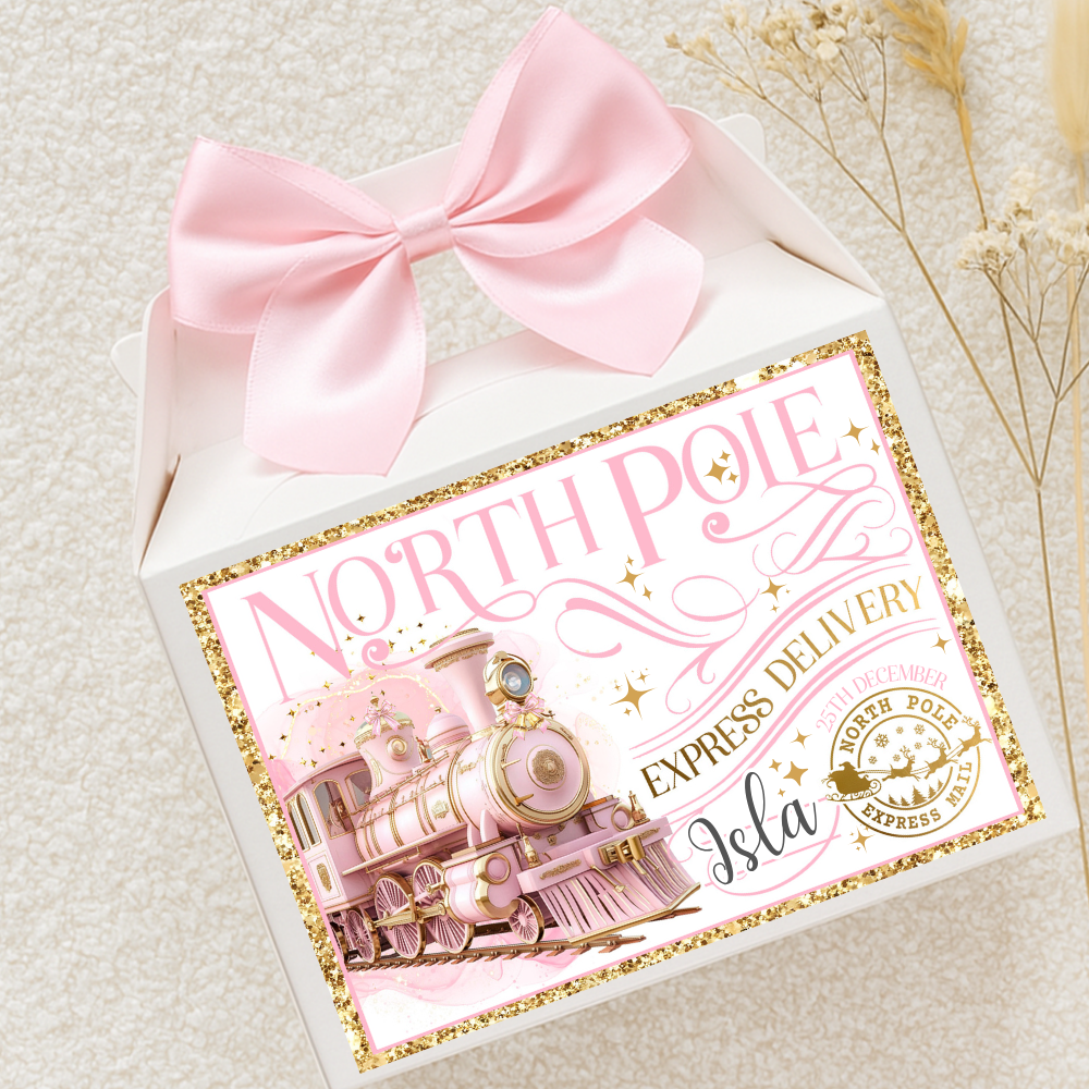 Label Sticker Party treat box - Pink winter polar express train