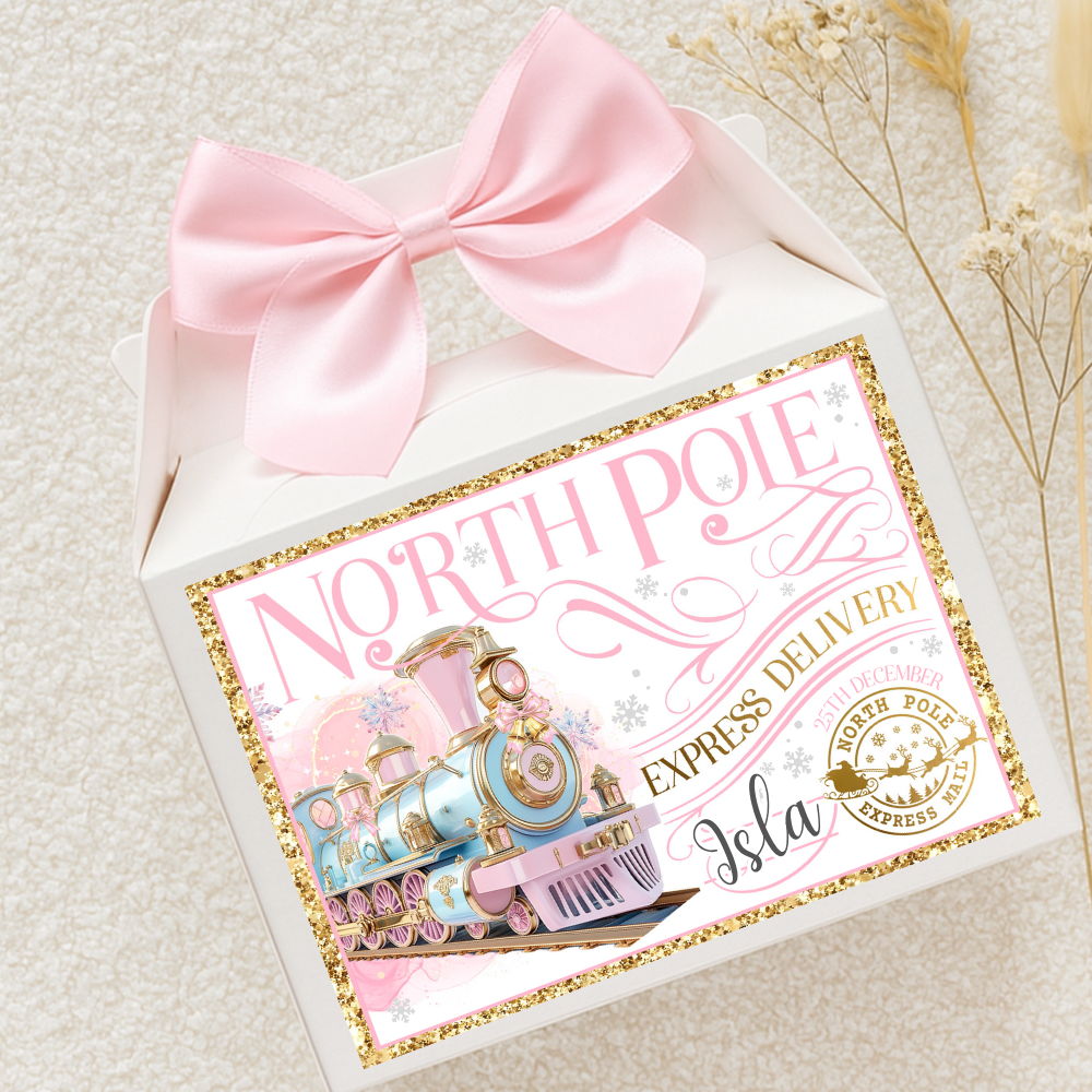 Label Sticker Party treat box - Pink Blue winter polar express train