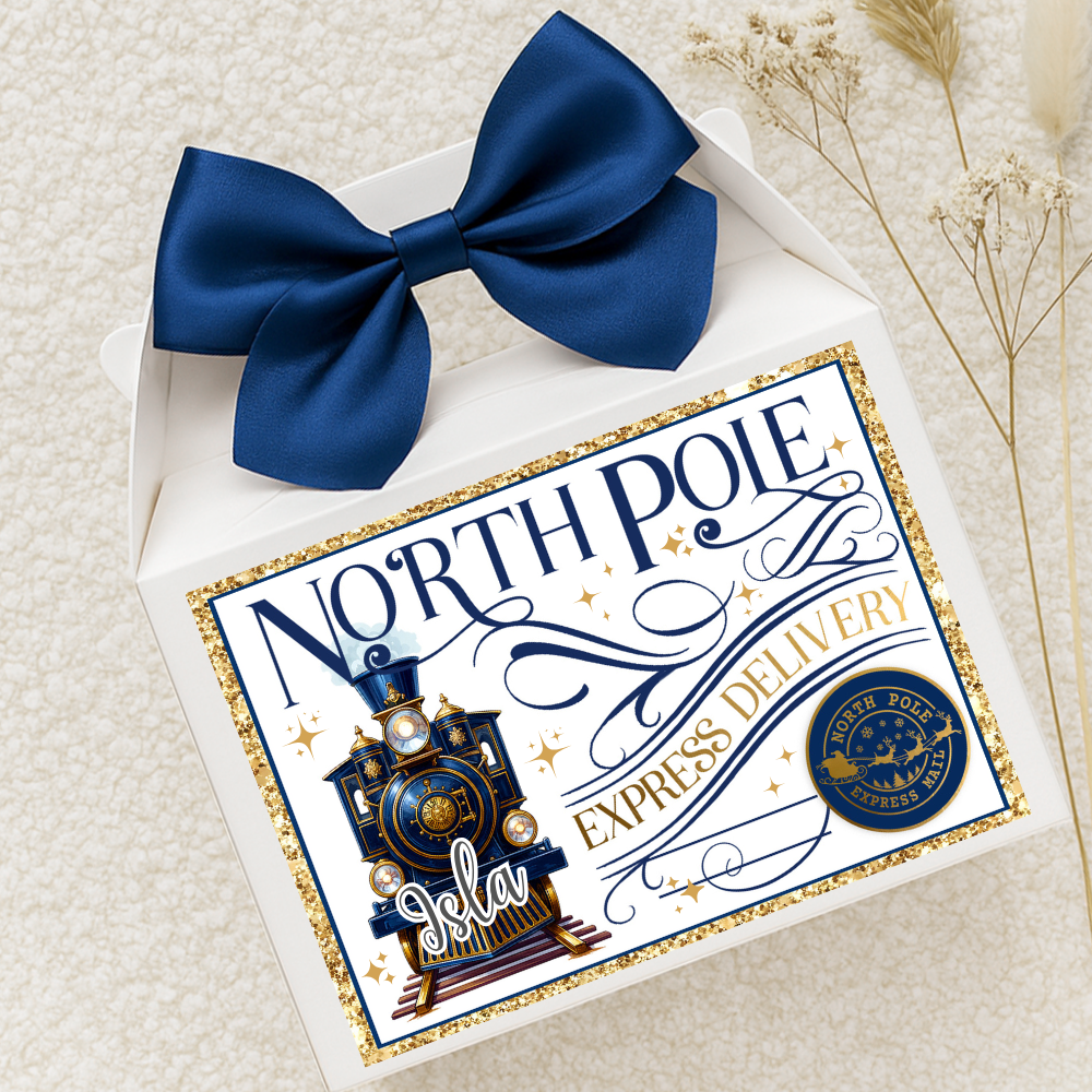 Label Sticker Party treat box - Navy winter polar express train
