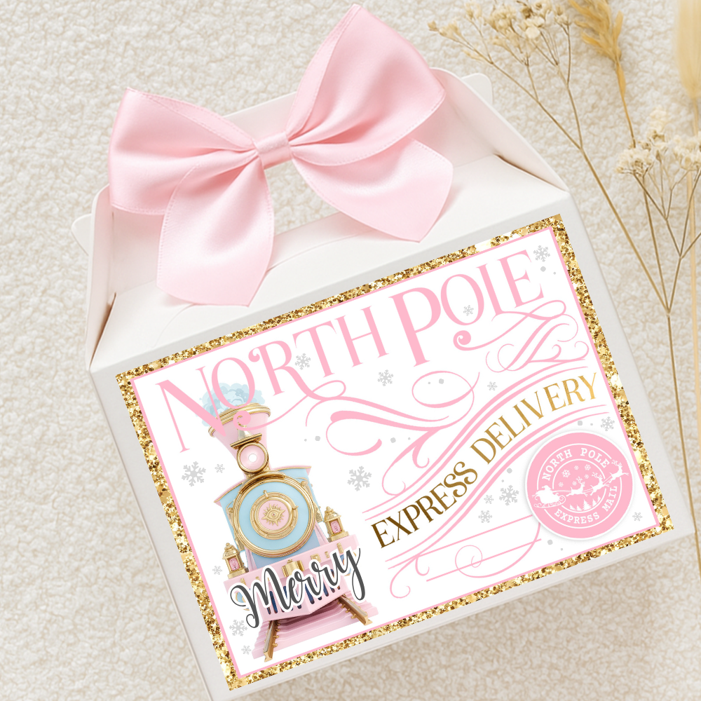 Label Sticker Party treat box - Pink blue winter princess polar express train