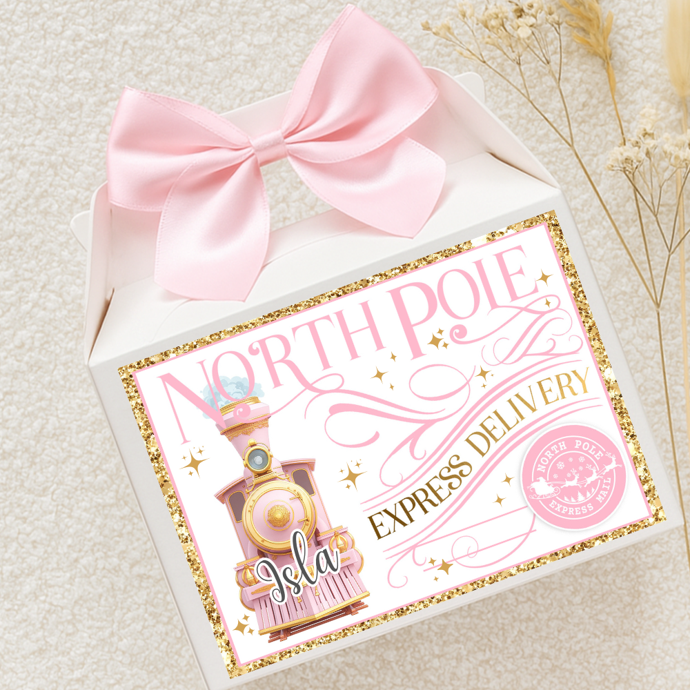 Label Sticker Party treat box - Pink winter princess polar express train