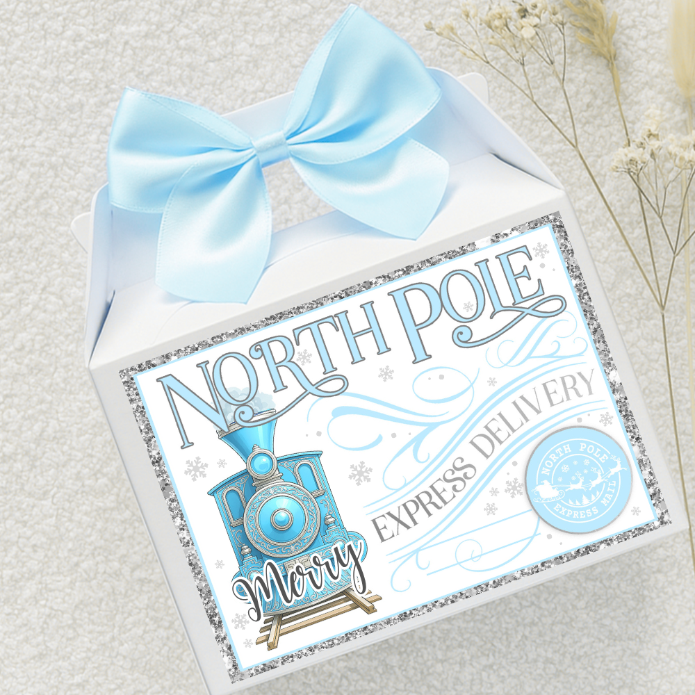Label Sticker Party treat box - Silver blue winter princess polar express train