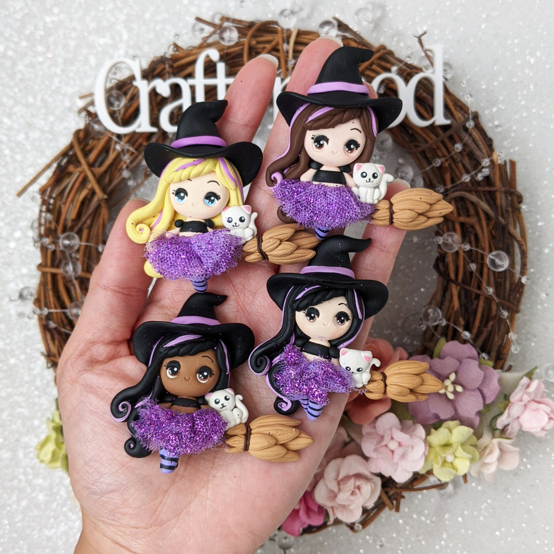 Black hat witch purple tutu skirt - Handmade Flatback Clay Bow Centre