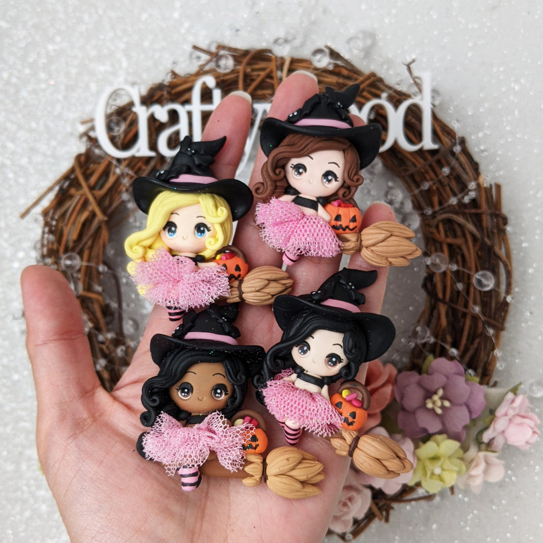 Black hat witch pink tutu skirt - Handmade Flatback Clay Bow Centre