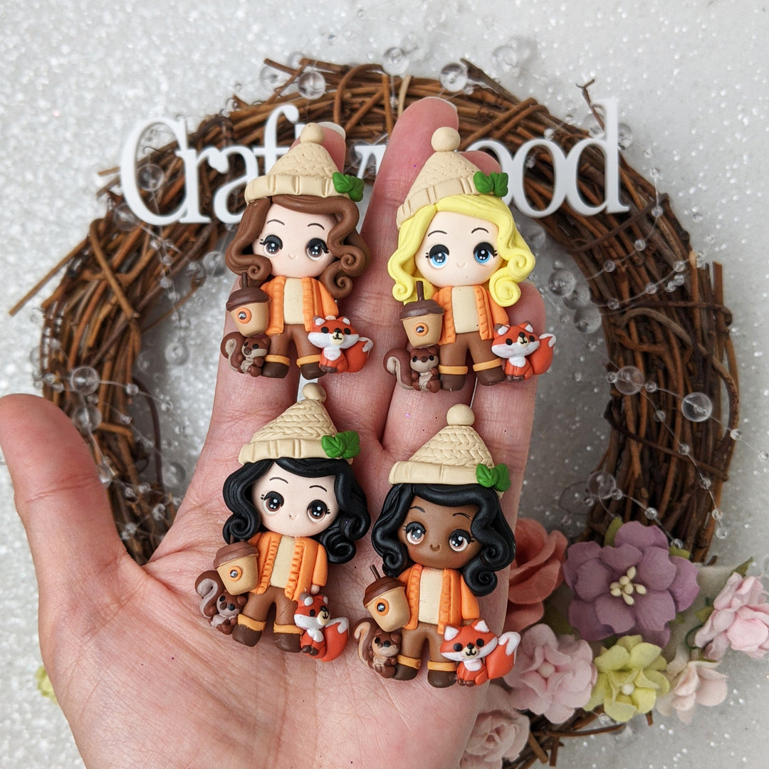 Warm autumn girl cute animals - Handmade Flatback Clay Bow Centre