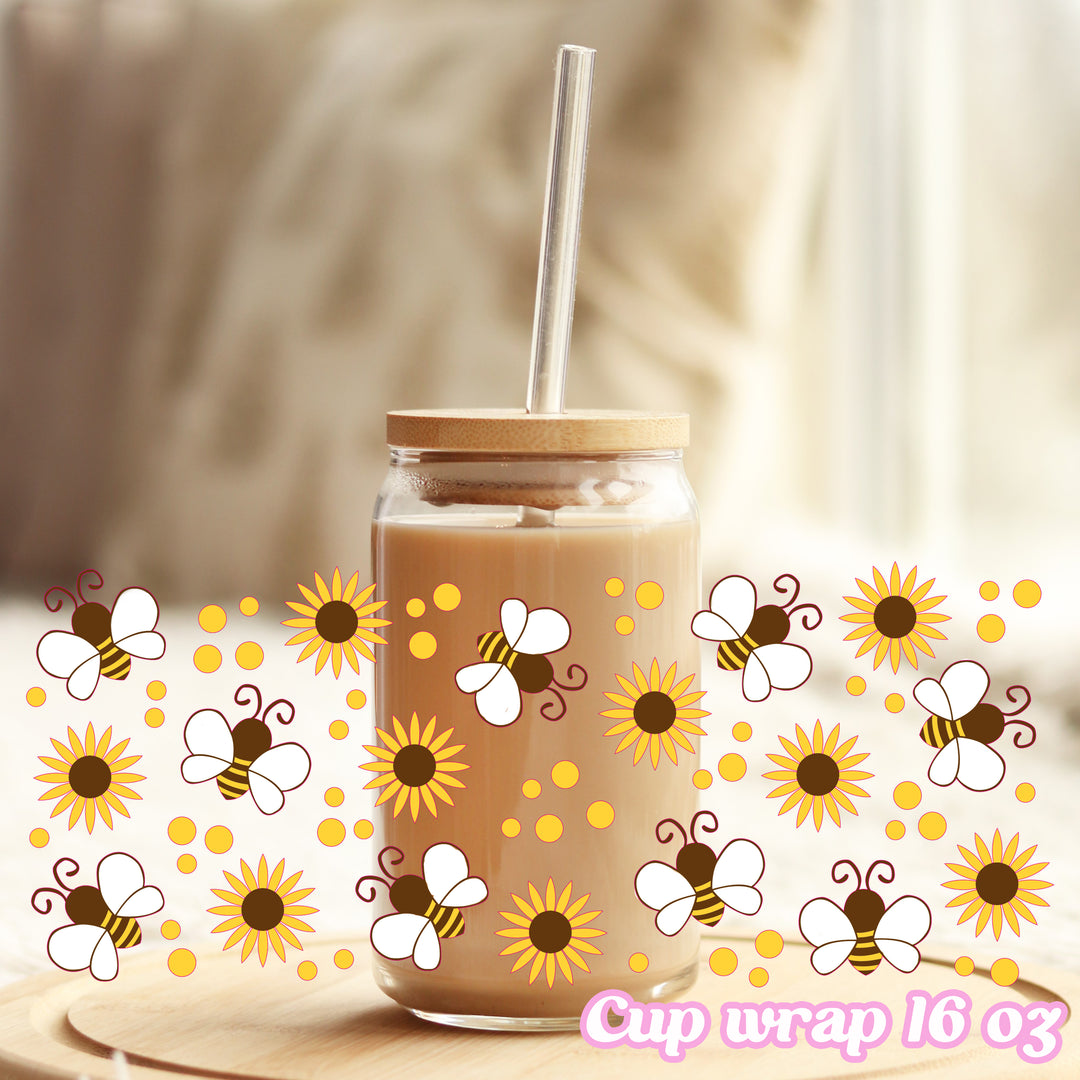 Bee and sunflower - 16oz Libbey Glass Cup Wrap Only