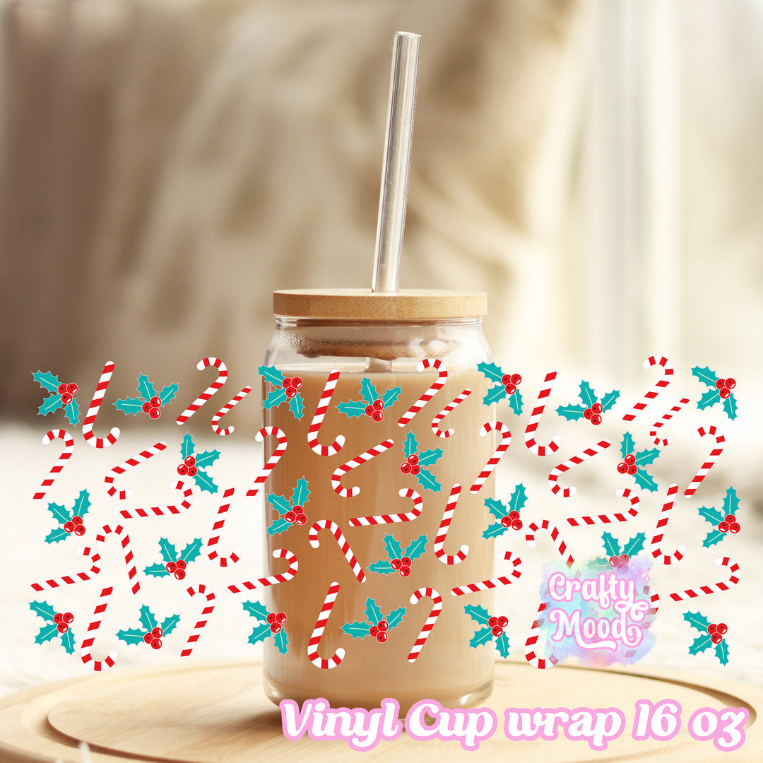 Candy Cane Holly- 16oz Libbey Glass Cup Wrap Only