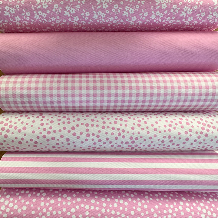 School light pink gingham solid stripe dots flower - faux Pu Leather vinyl - canvas - choose Fabric material Sheets