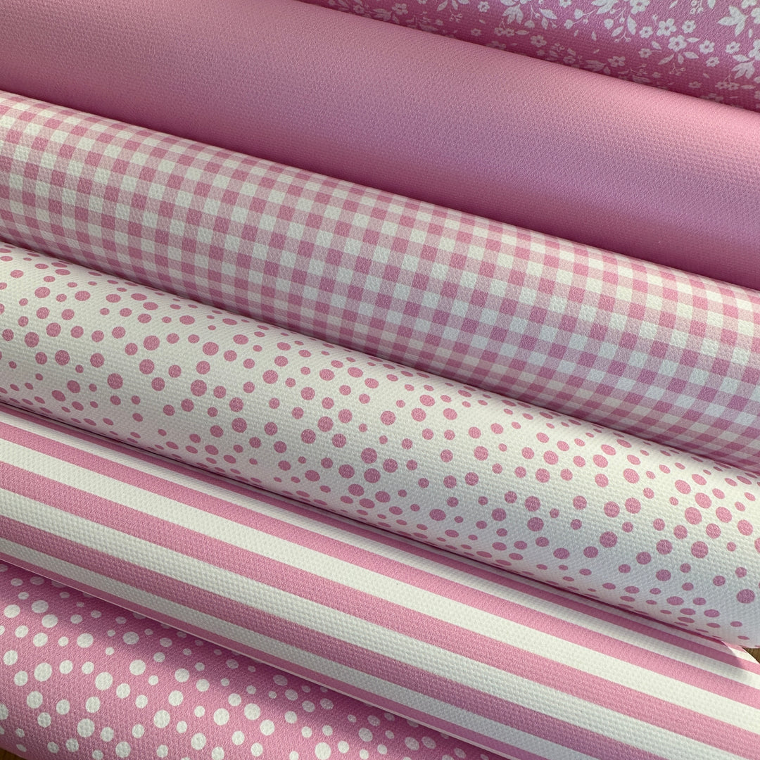 School light pink gingham solid stripe dots flower - faux Pu Leather vinyl - canvas - choose Fabric material Sheets