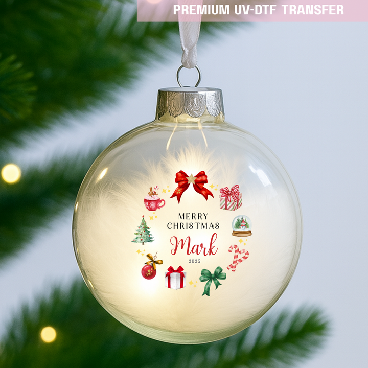 UV DTF decal - merry Christmas bow present snow globe red