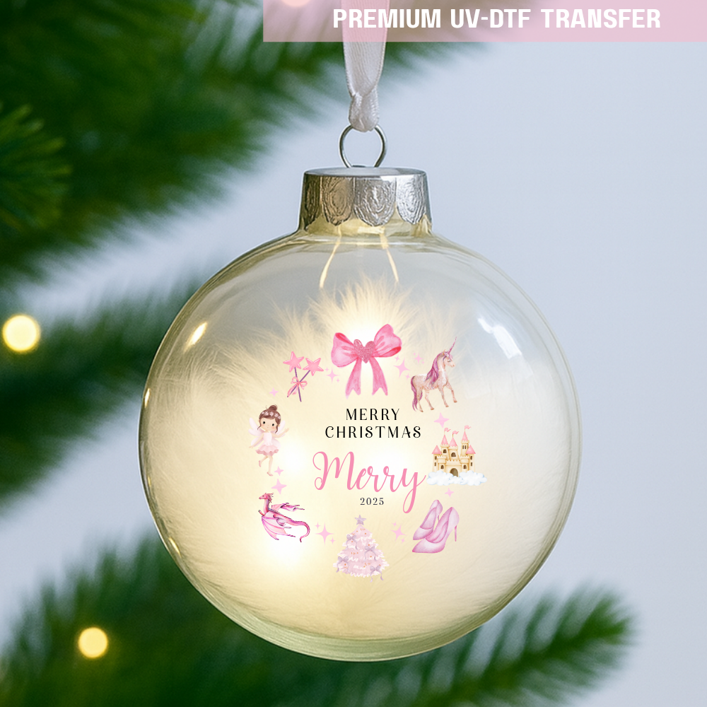 UV DTF decal - merry Christmas bow pink magic
