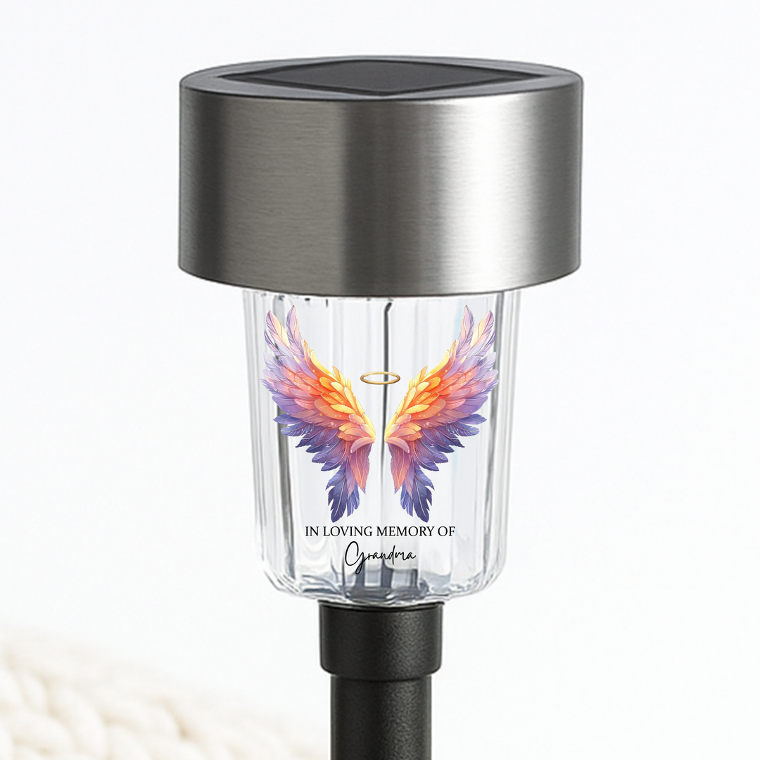 In loving memory of grandma UV DTF decal solar light - memorial golden angel wings