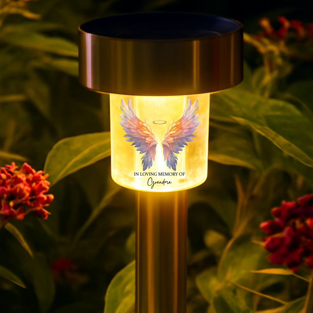 In loving memory of grandma UV DTF decal solar light - memorial golden angel wings