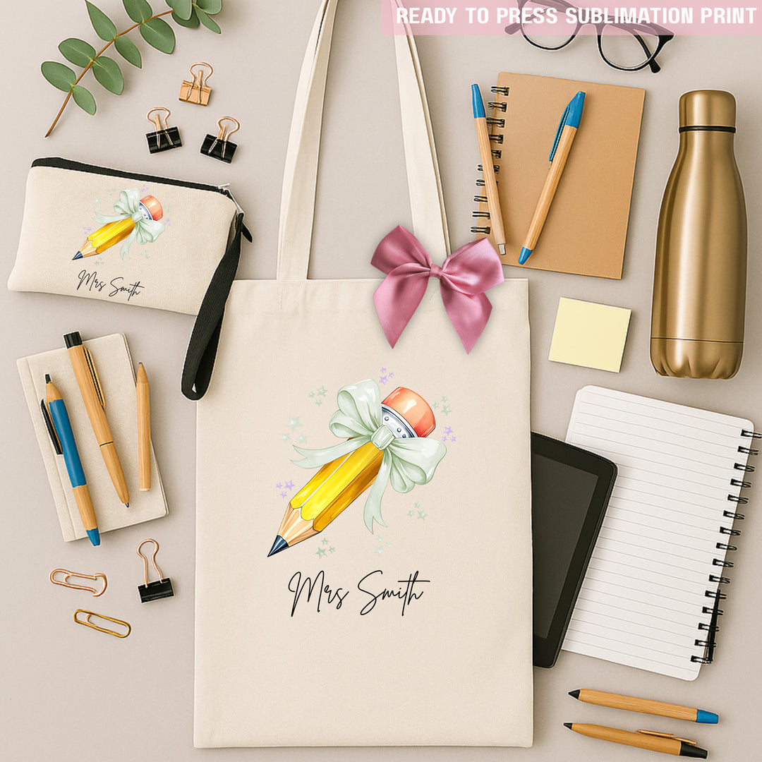 Personalised Name Teacher - Mint Green Pencil Sublimation Transfer Ready to Press