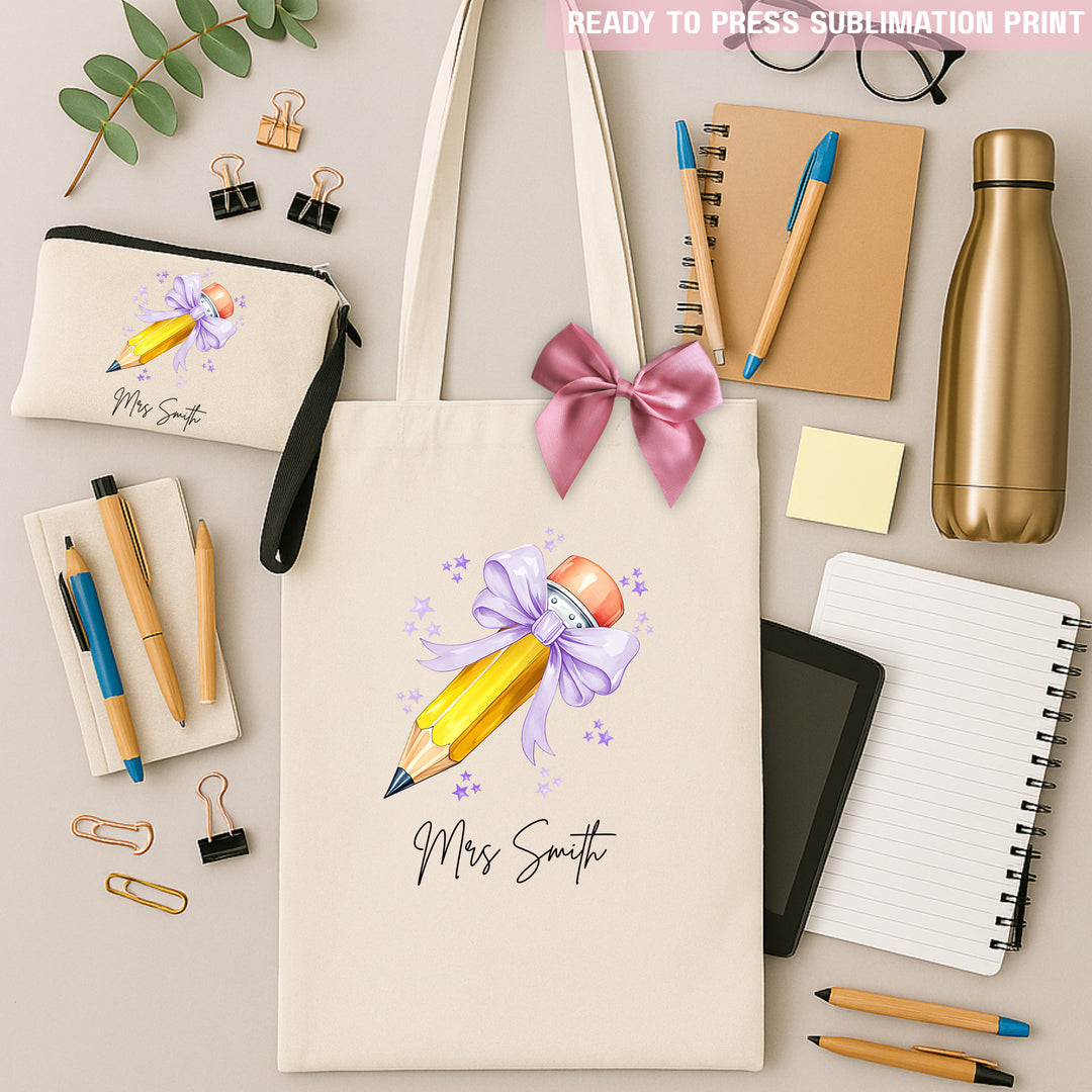 Personalised Name Teacher - Purple Lilac Pencil Sublimation Transfer Ready to Press