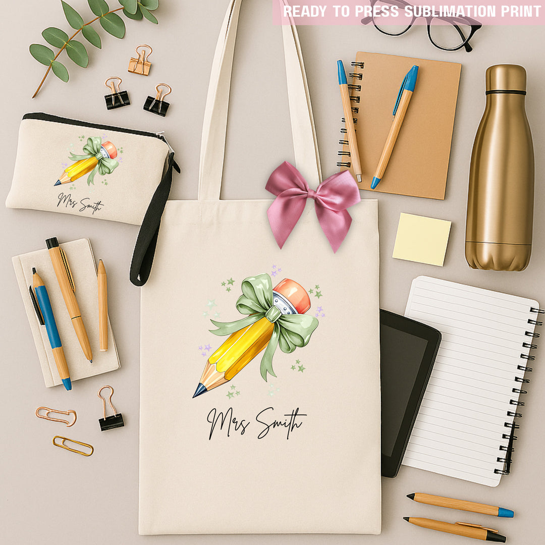 Personalised Name Teacher - Sage Green Pencil Sublimation Transfer Ready to Press