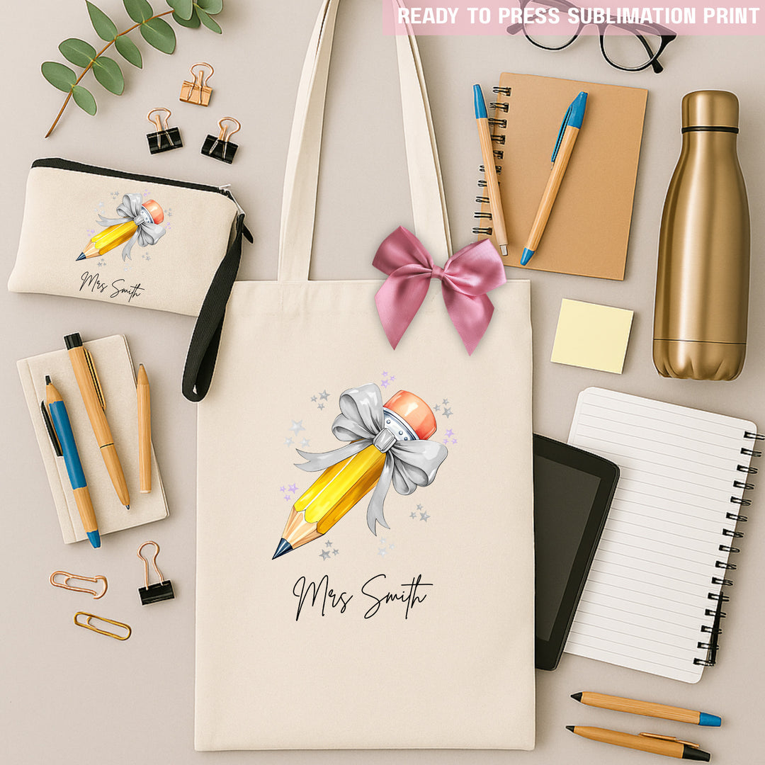 Personalised Name Teacher - Light Grey Pencil Sublimation Transfer Ready to Press