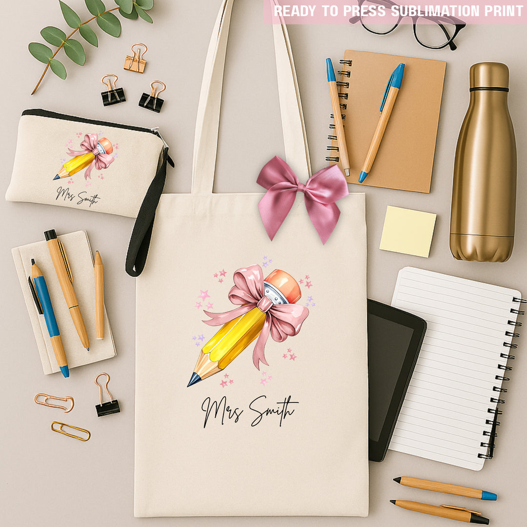 Personalised Name Teacher - Dusky Rose Pencil Sublimation Transfer Ready to Press