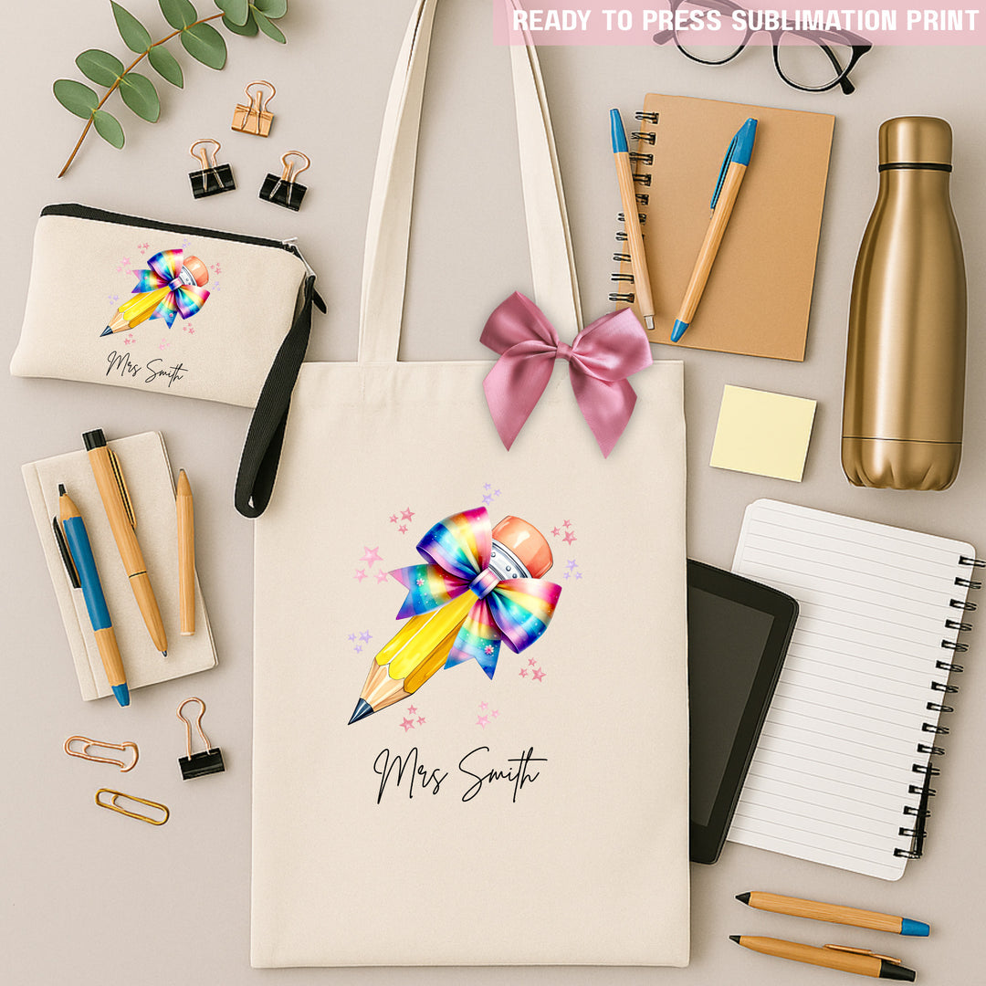 Personalised Name Teacher - Rainbow Pencil Sublimation Transfer Ready to Press
