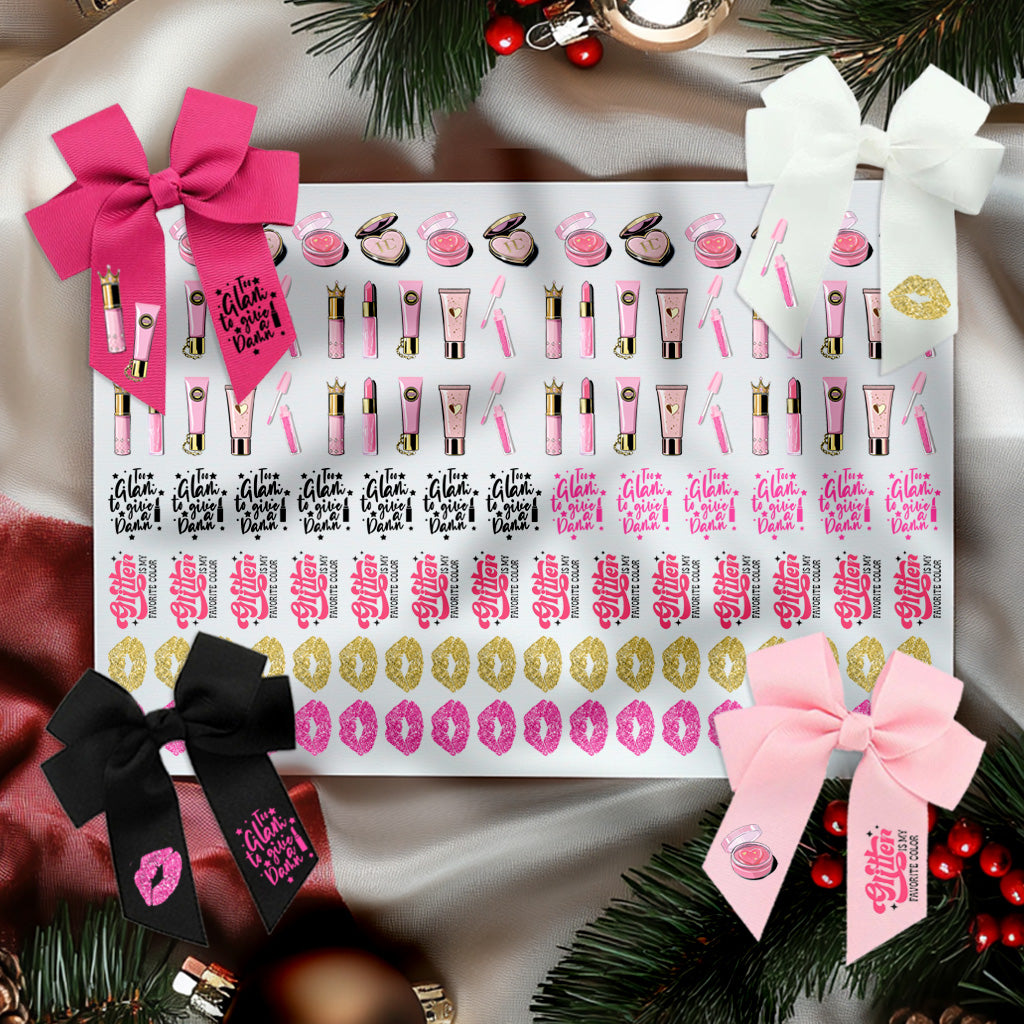Pink Make up - DTF hair bow transfer A4 sheet