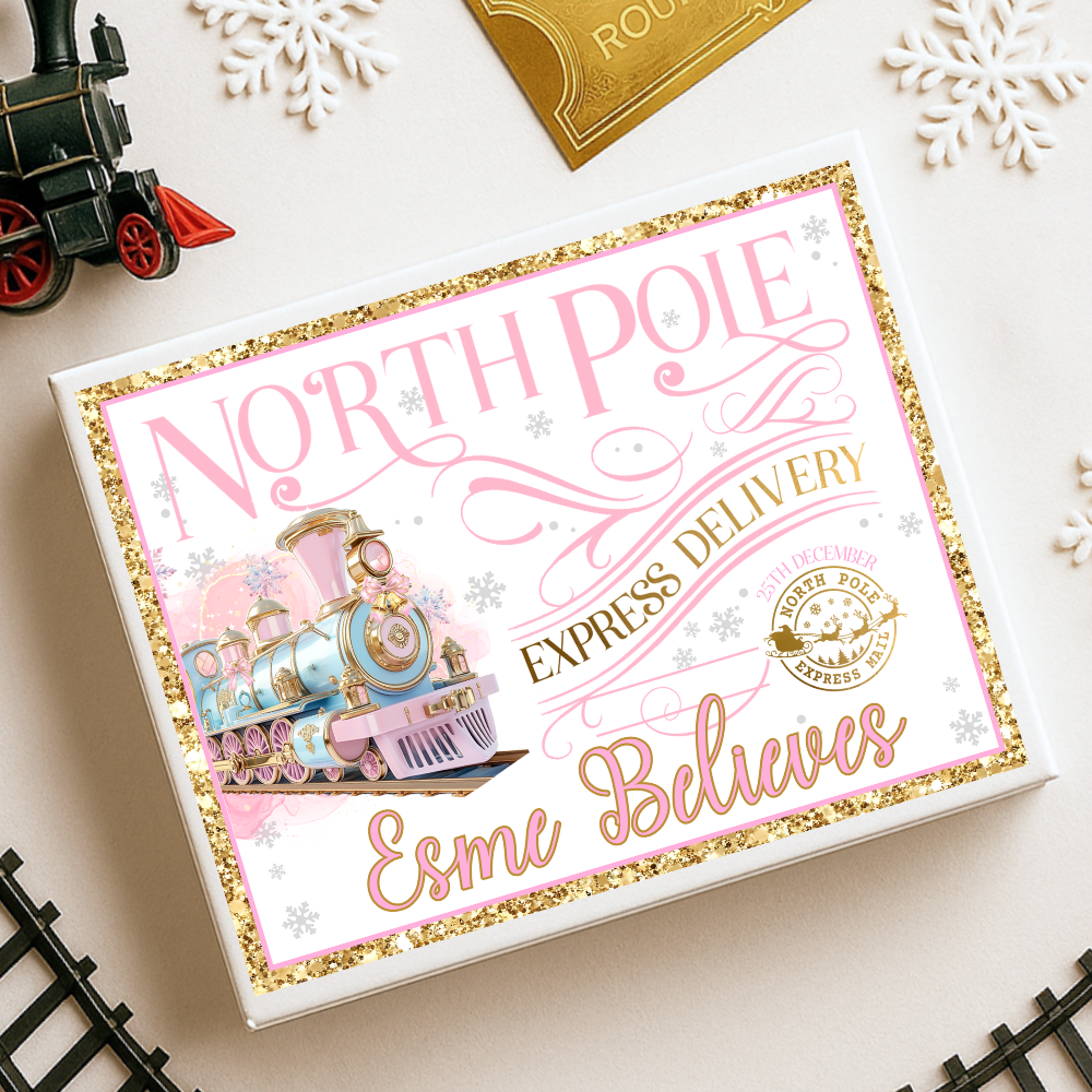 Sticker decal - Pink Blue winter polar express train for Magnetic topper box