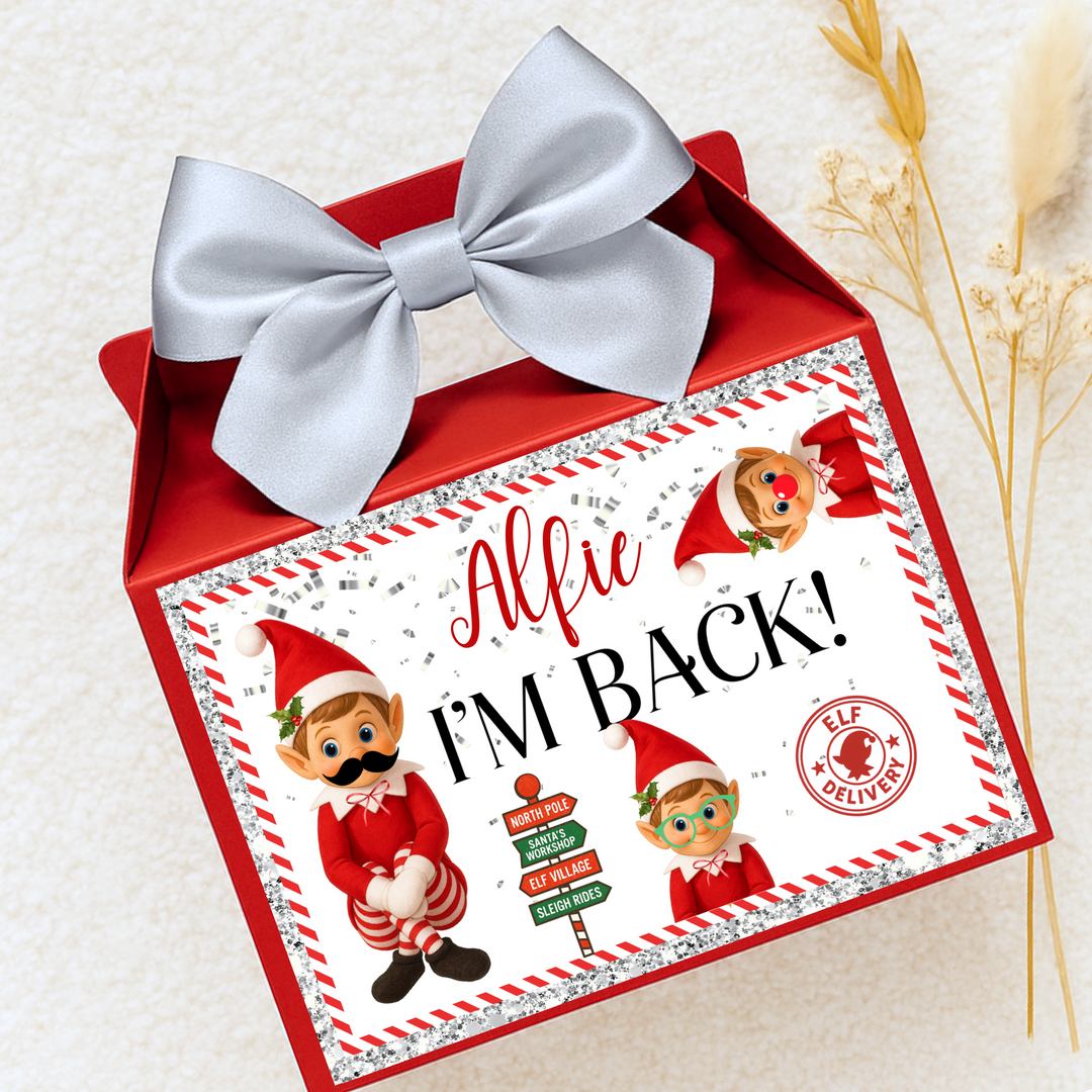 Label Sticker Party treat box - naught elf I'm back red double trouble