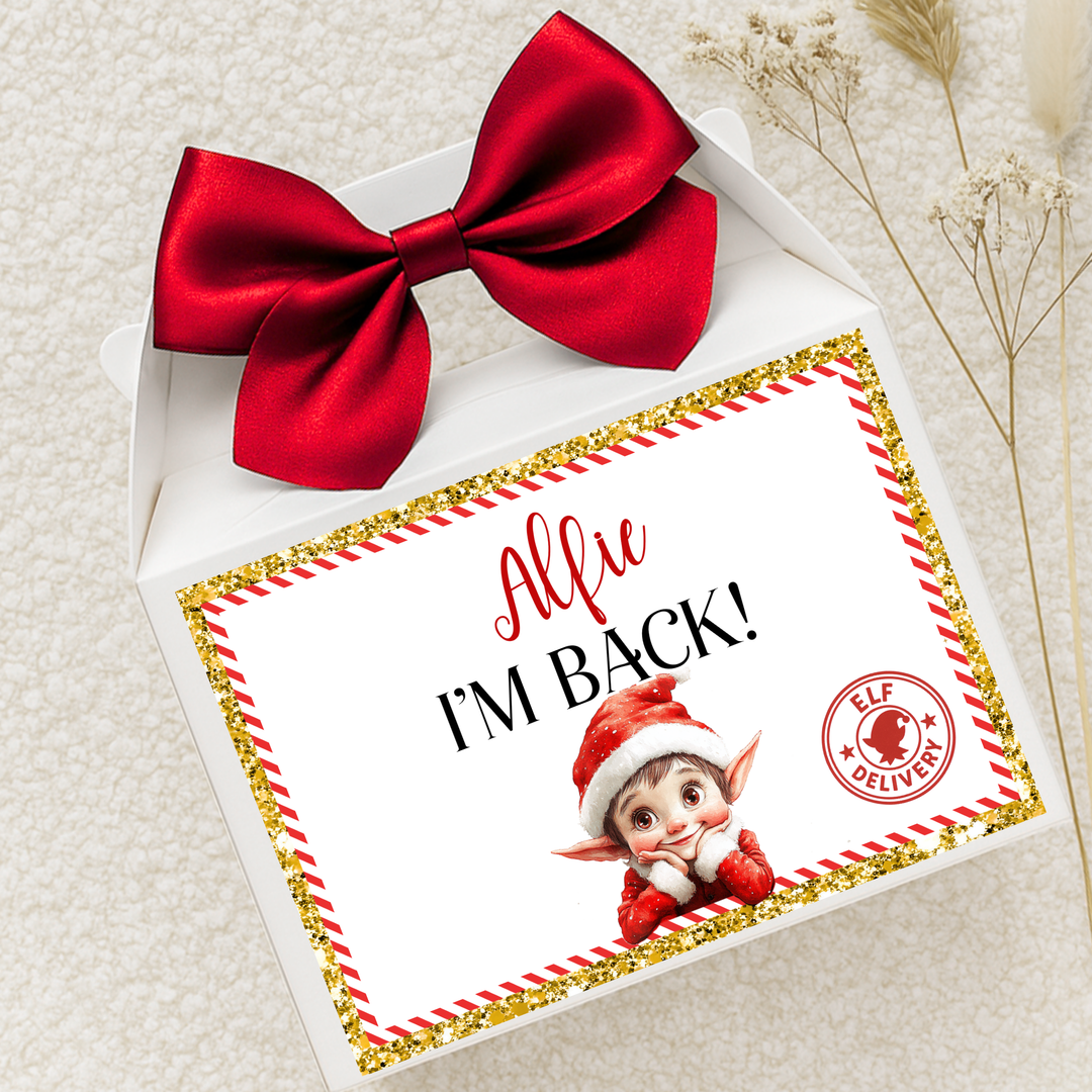 Label Sticker Party treat box - naught elf I'm back red