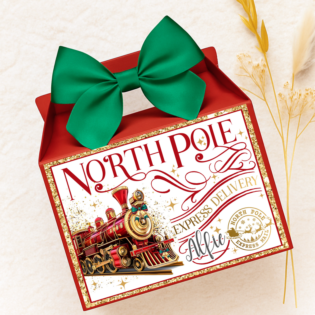 Label Sticker Party treat box - Red winter polar express train