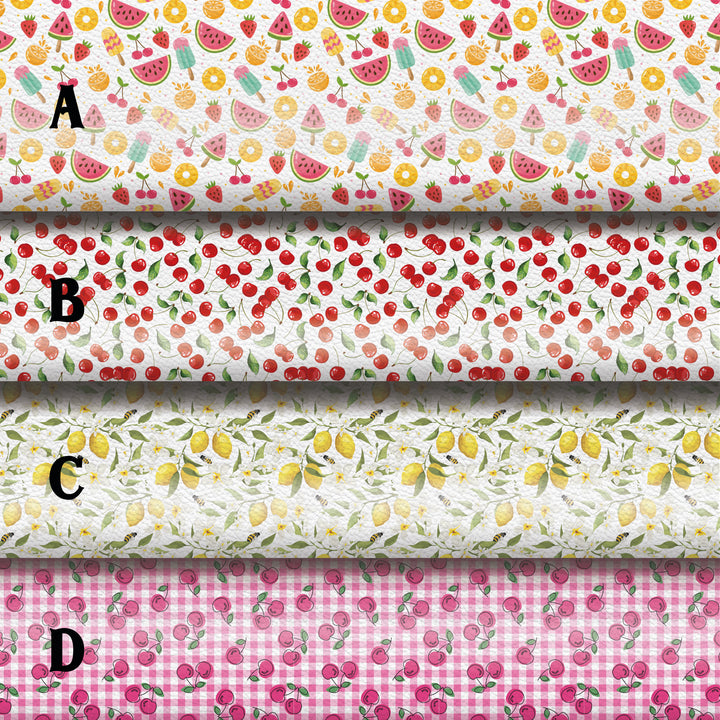 Fruits watermelon lemon cherry - faux Pu Leather vinyl - canvas - choose Fabric material Sheets