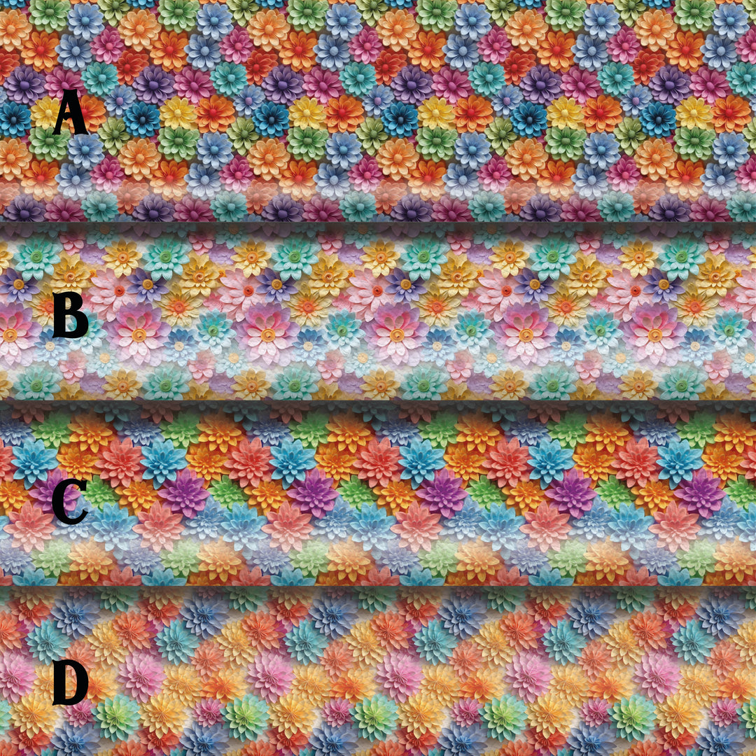 3D effect flower rainbow - faux Pu Leather vinyl - canvas - choose Fabric material Sheets