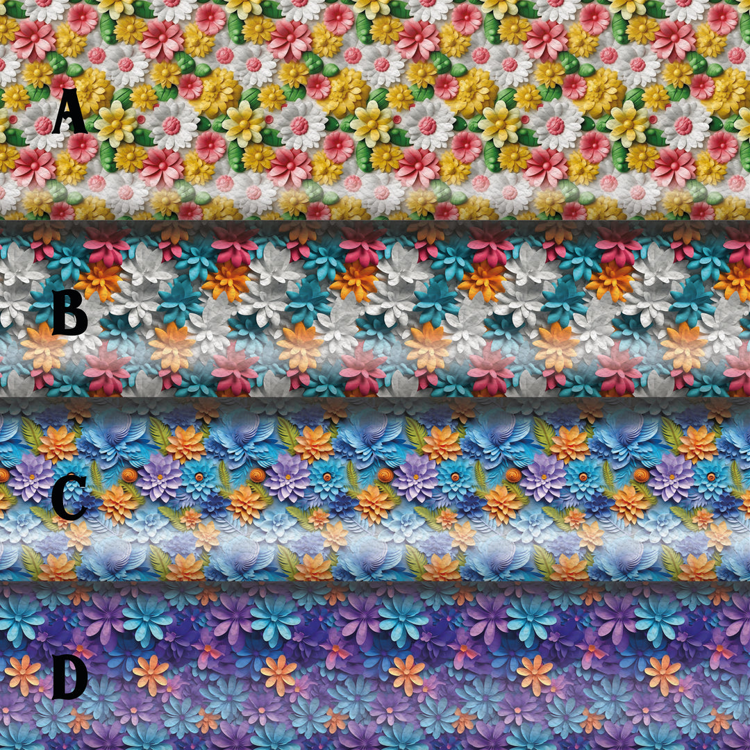 3D effect flower spring summer floral - faux Pu Leather vinyl - canvas - choose Fabric material Sheets