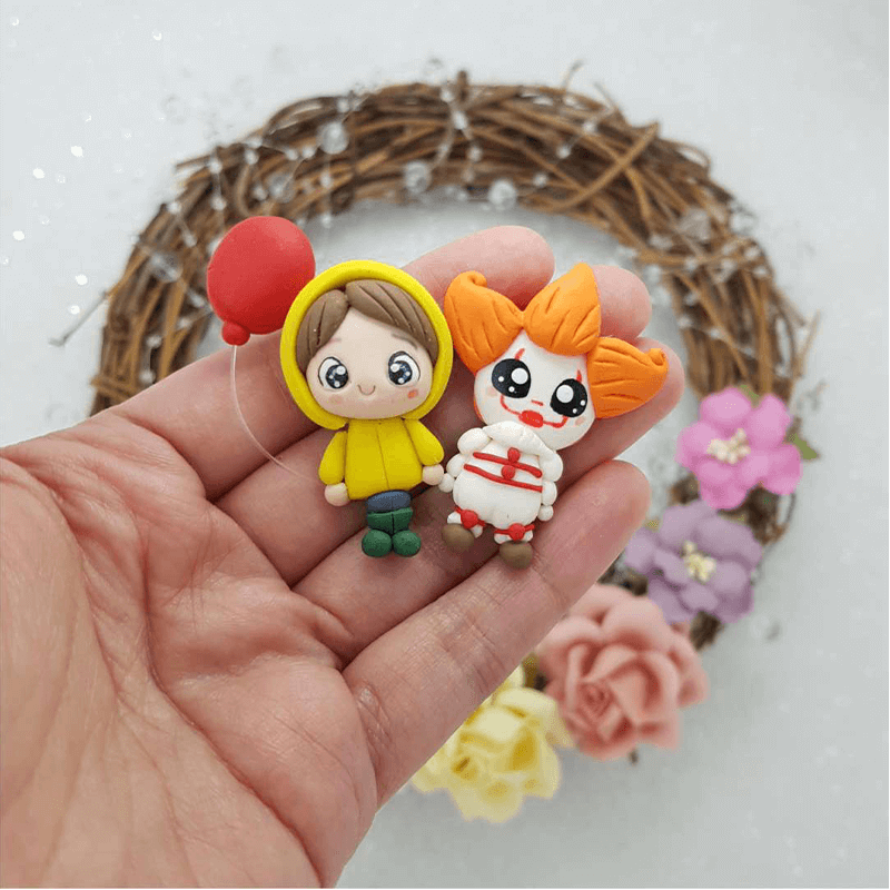 Creepy clown and boy - Handmade Flatback Clay Bow Centre