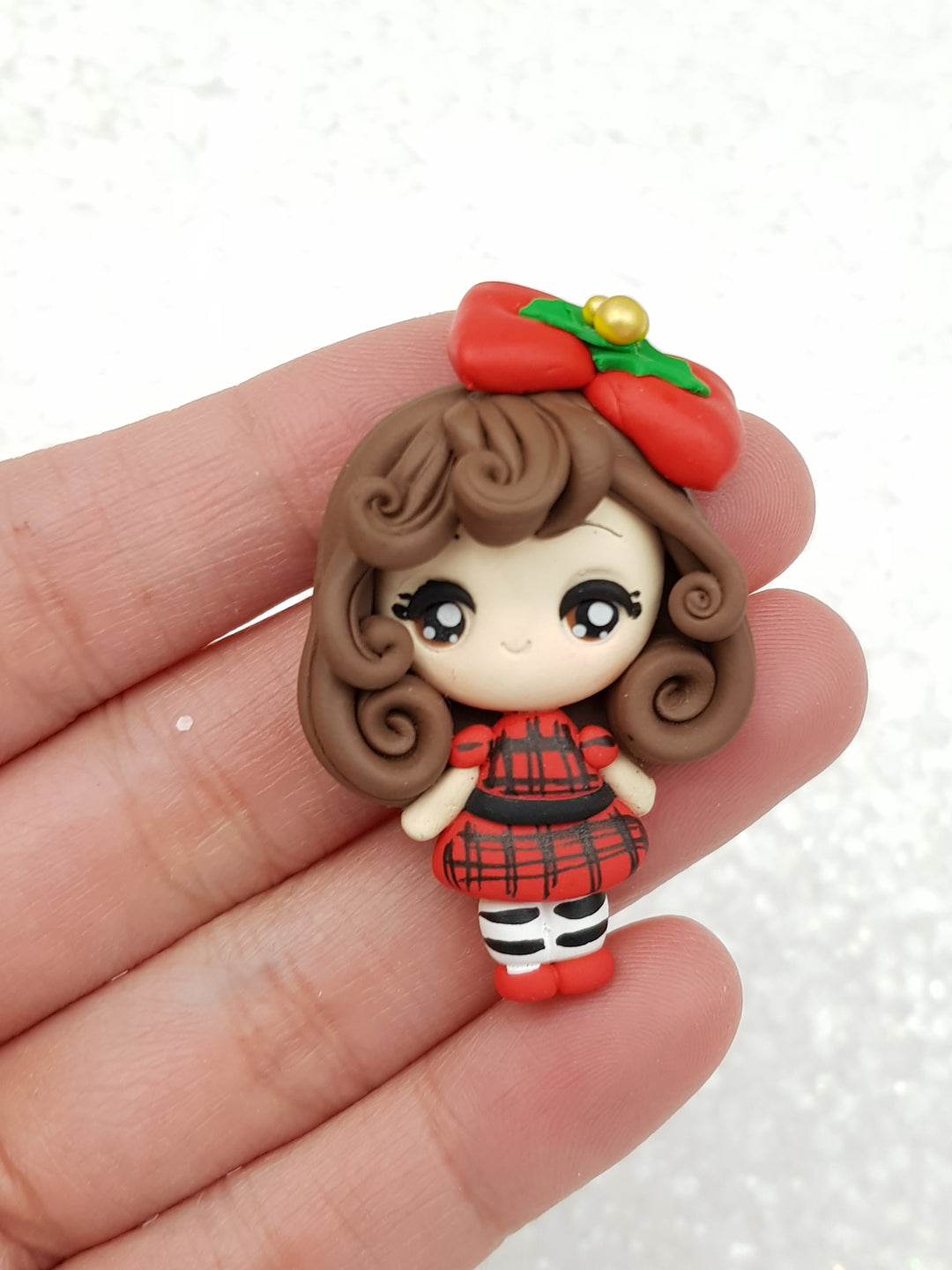 Clay Charm Embellishment big eyes tartan girl - Crafty Mood