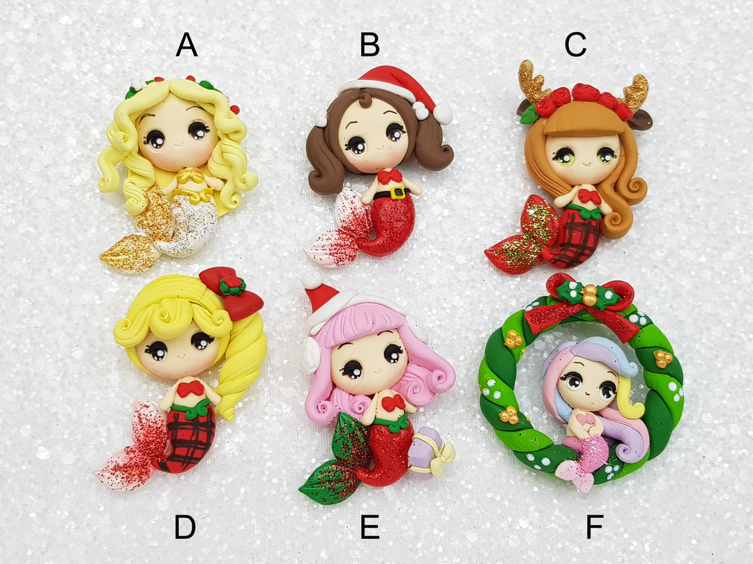 Clay Charm Embellishment - NEW BIG Eyes Mermaid Christmas Girl - Crafty Mood