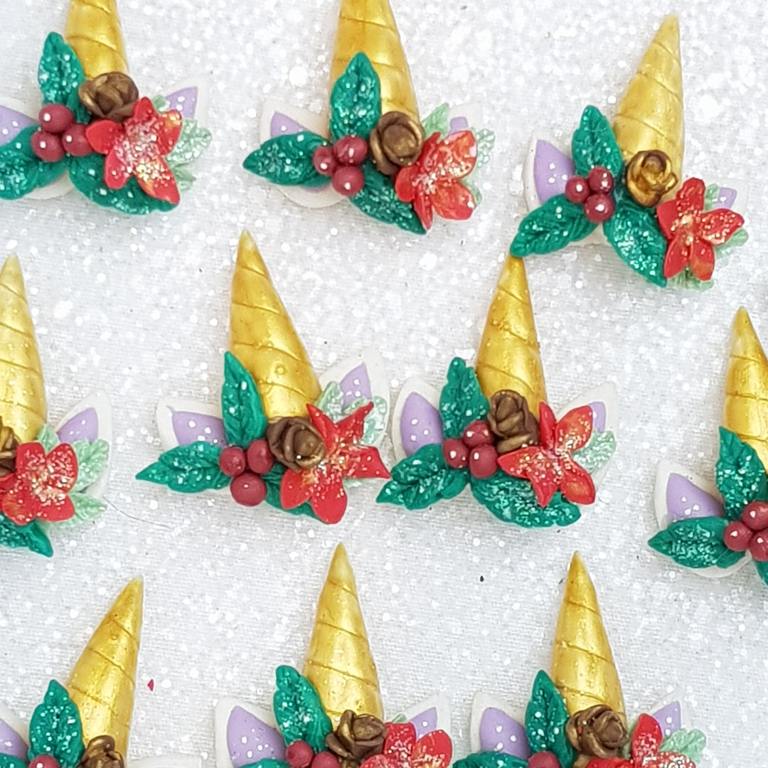 Christmas Unicorn Horn C- Handmade Flatback Clay Bow Centre - Crafty Mood