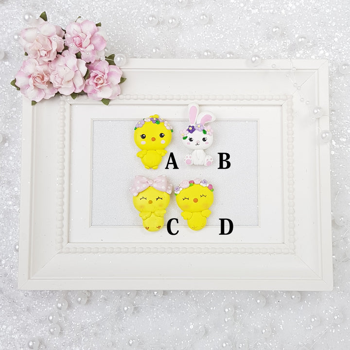 Adorable Easter Chick and Bunny - Handmade Flatback Clay Bow Centre - Crafty Mood