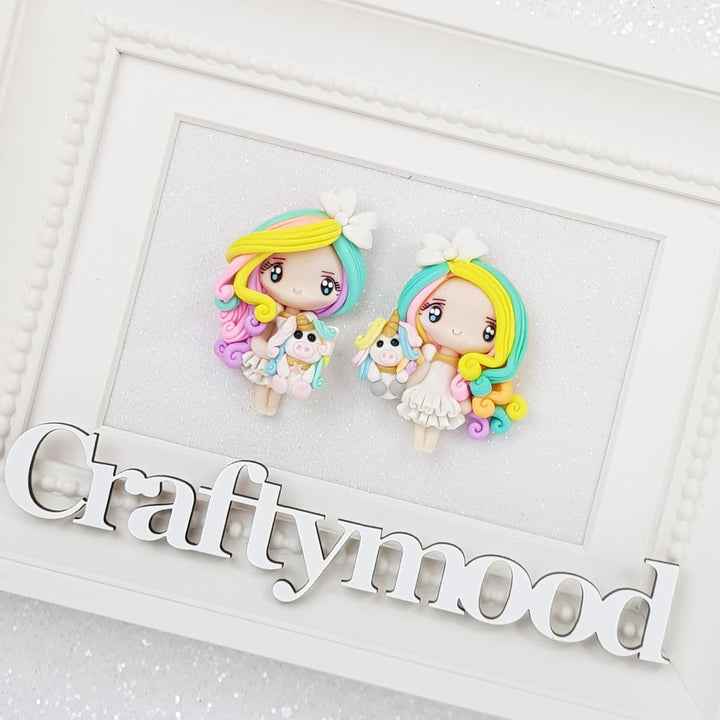 Rainbow Unicorn Girls - Handmade Flatback Clay Bow Centre