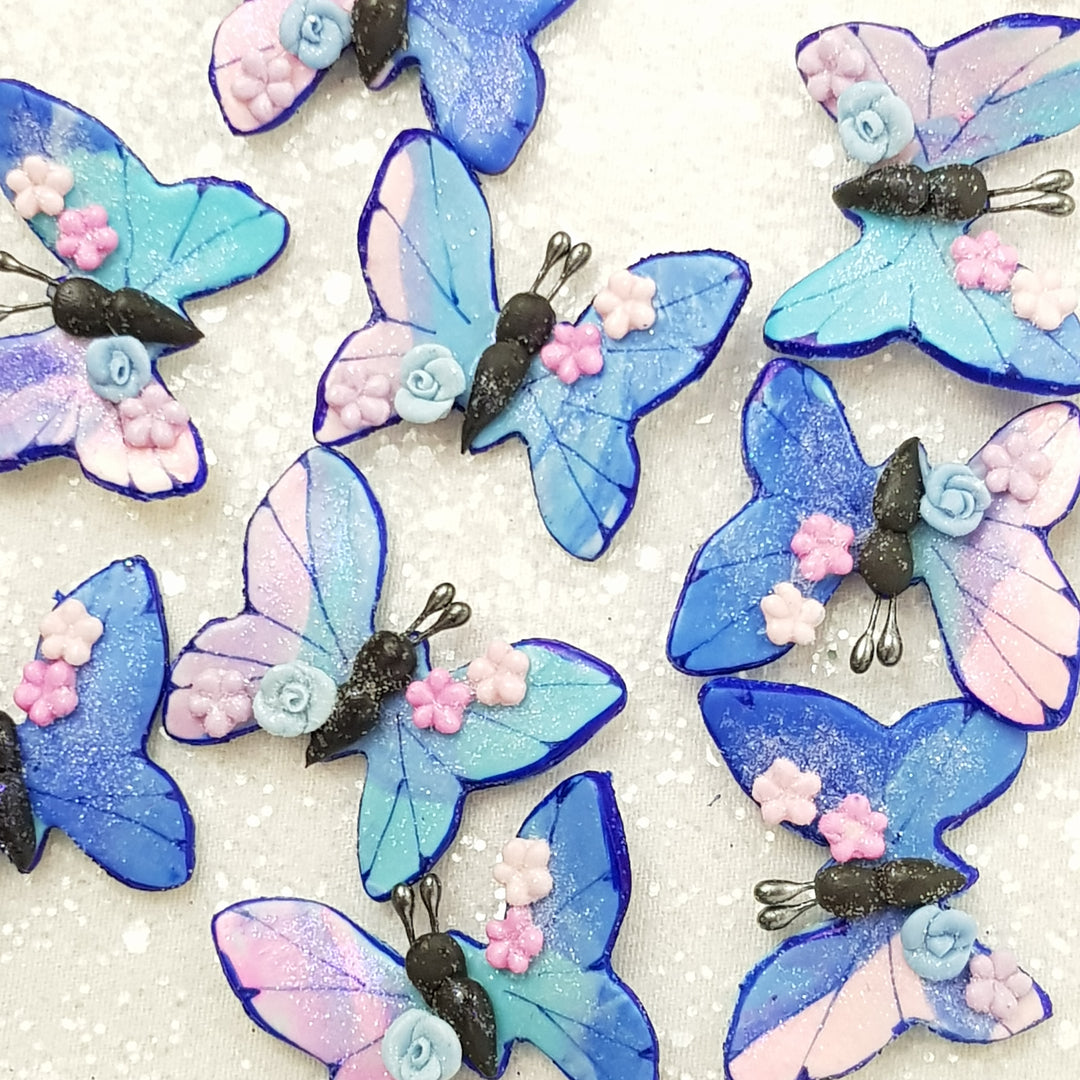 Blue Pink Butterfly - Handmade Flatback Clay Bow Centre