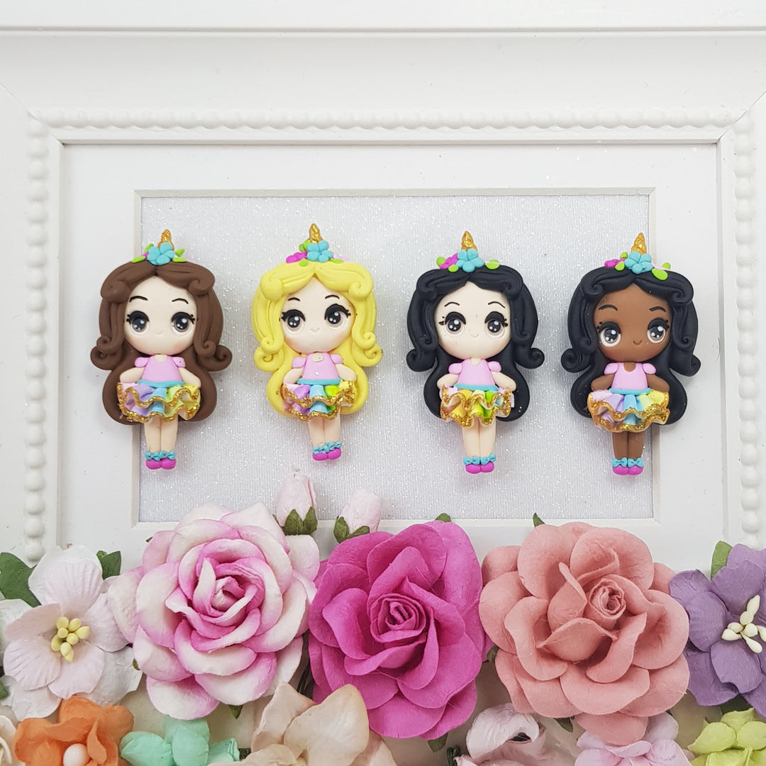 Unicorn Girl in Rainbow Skirt - Embellishment Clay Bow Centre