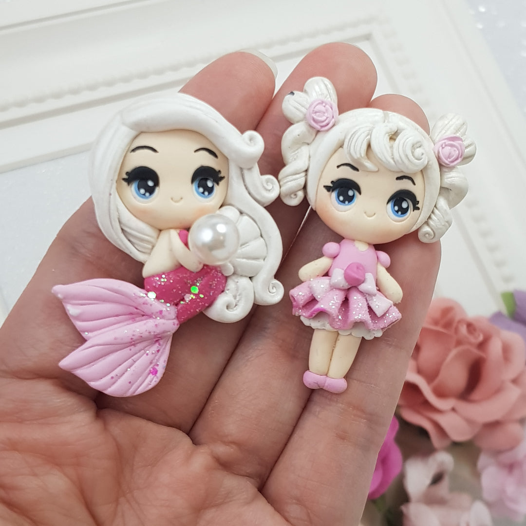 Mermaid Girl with Pearl - Handmade Flatback Clay Bow Centre