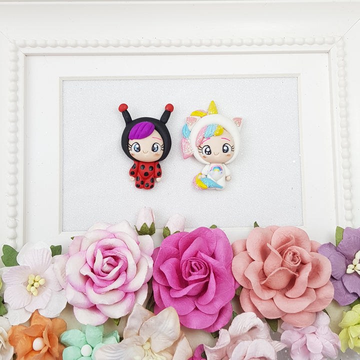 Dressing up ladybug and unicorn - Handmade Flatback Clay Bow Centre