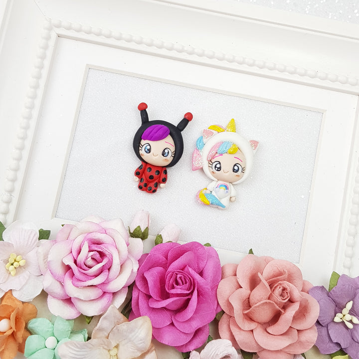 Dressing up ladybug and unicorn - Handmade Flatback Clay Bow Centre