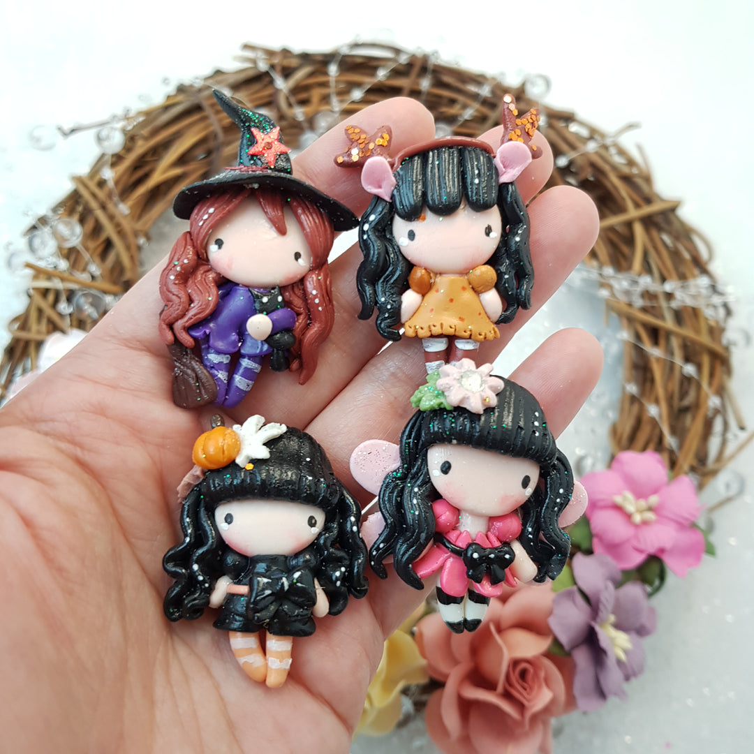 Autumn Halloween Girls - Handmade Flatback Clay Bow Centre