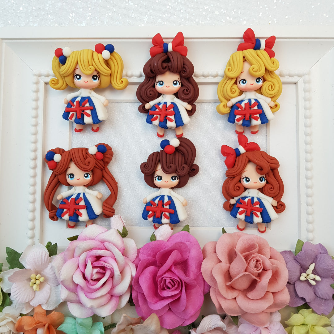 UK Girls - set of 6 - Handmade Flatback Clay Bow Centre